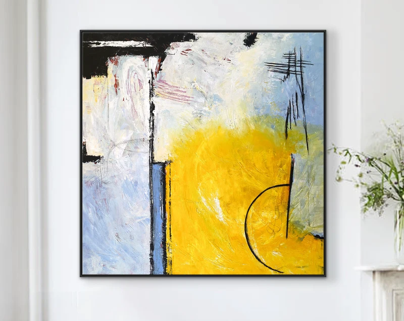 Euphoria through Modern Original Abstract Acrylic Painting, Large Canvas Wall Art of Yellow and Sky Blue | Composition C