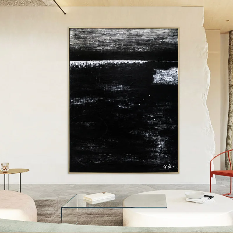 Modern Expressionism Abstract Original Painting, Large Black & White Canvas Art in Monochromatic Minimalism | Black Abstract II