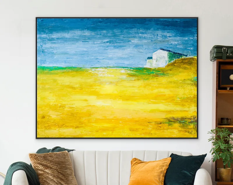 Landscape Original Fine Art Painting Reflecting Warm Memories of a Radiant Expanse, Canvas Wall Art | Yellow Field