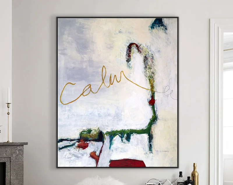 Poetic Large Modern Abstract Original Acrylic Painting, Symphony of Green & Off-White in Abstract Expression | Calm
