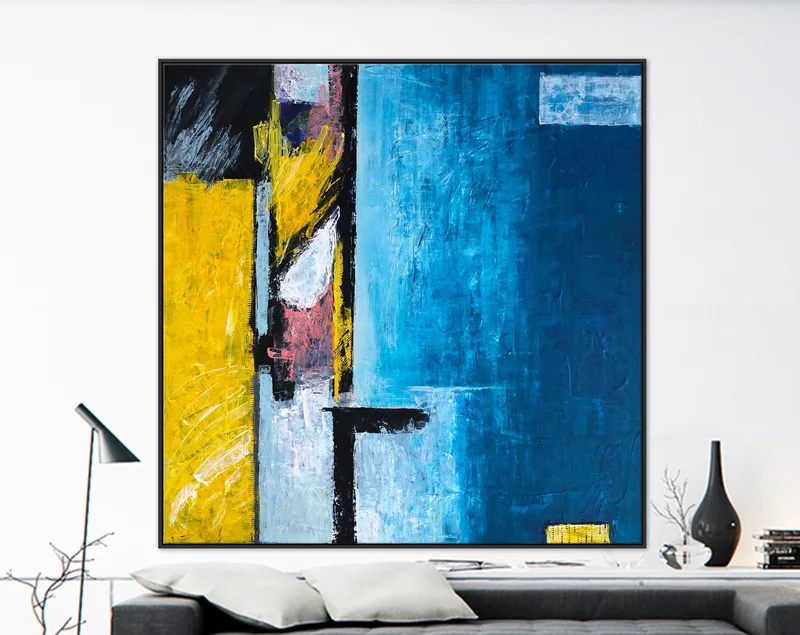 Large Modern Abstract Original Acrylic Painting Featuring Blue and Yellow, Canvas Wall Art for Peaceful Space | Construction