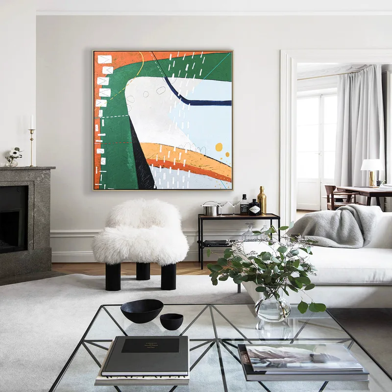 Playful Modern Large Abstract Original Acrylic Painting in Green and Orange, Contemporary Canvas Wall Art | The horizon of thought