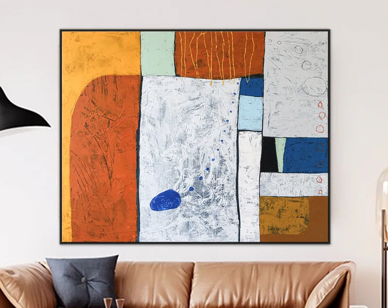 Bright and Cheerful Modern Abstract Original Acrylic Painting, Large Canvas Wall Art Reflecting Mid-Century Sensibility | My blue