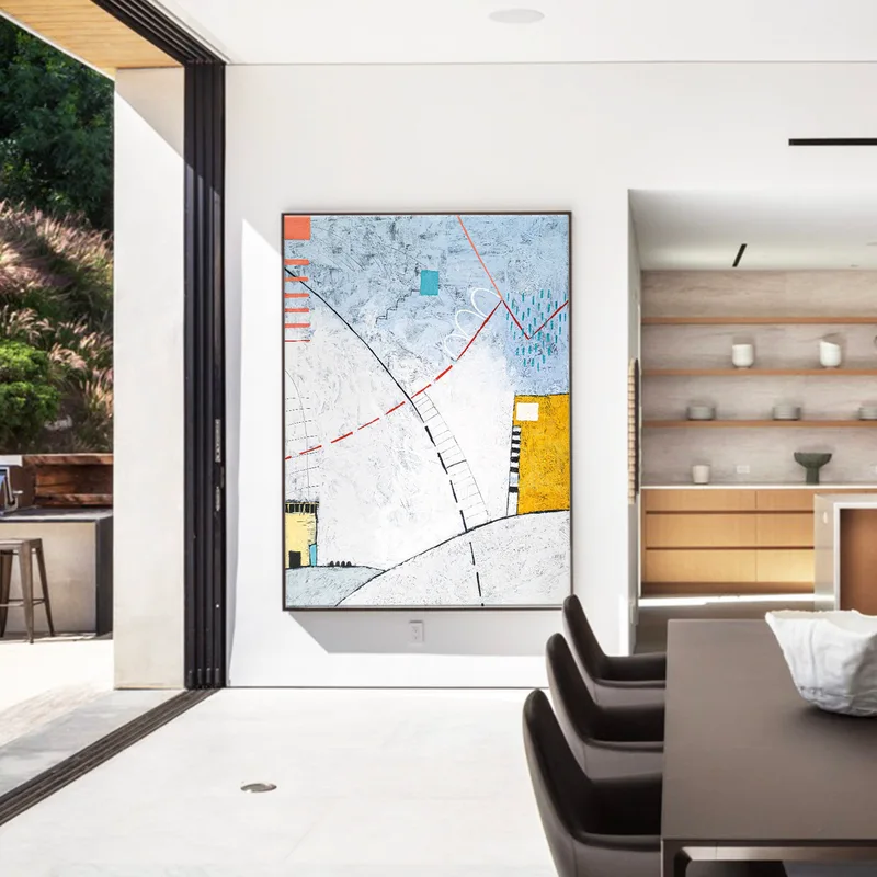 Playful Large original Abstract Acrylic Painting, Contemporary Modern Canvas Wall Art of Two Buildings Amidst Cozy Comfort | Domus