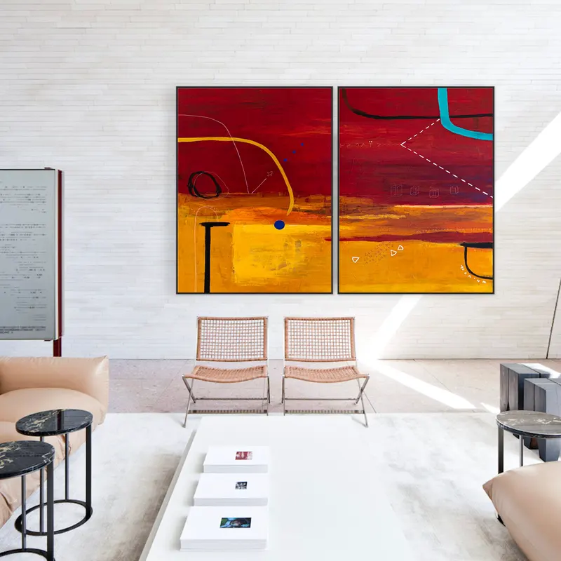 2 Set of Geometric Large Modern Original Abstract Painting with Simple Elements, Red and Yellow Canvas Wall Art | Dypdrom (2 Set)