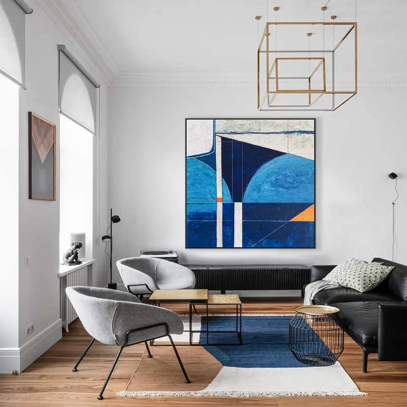 Classic & Modern Large Original Abstract Geometric Painting, Contemporary Blue Acrylic Modern Canvas Wall Art | Circa