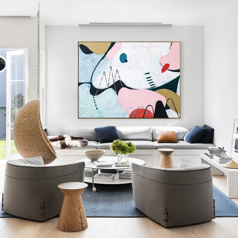 Playful Large Abstract Original Acrylic Painting, Canvas Wall Art Expression of Curved Lines Depicting Wind, Mountains & Rain | Natura