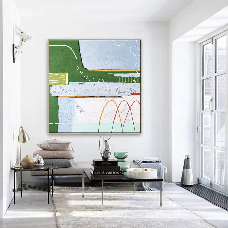 Dreamy Physics in Geometric Original Acrylic Abstract Painting, Green Emphasis Modern Canvas Wall Art in Contemporary Style | Realm