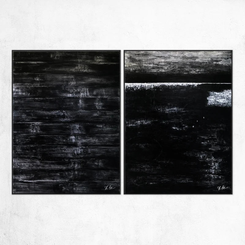 2 Set of Modern Expressionism Abstract Original Painting, Black & White Large Canvas Art in Minimalism | Black Abstract (2 Set)