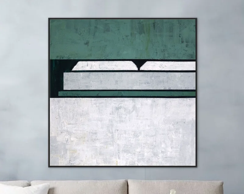 Geometric Minimalist Original Abstract Painting in Acrylic, Large Modern Canvas Wall Art in Green Color | Room I