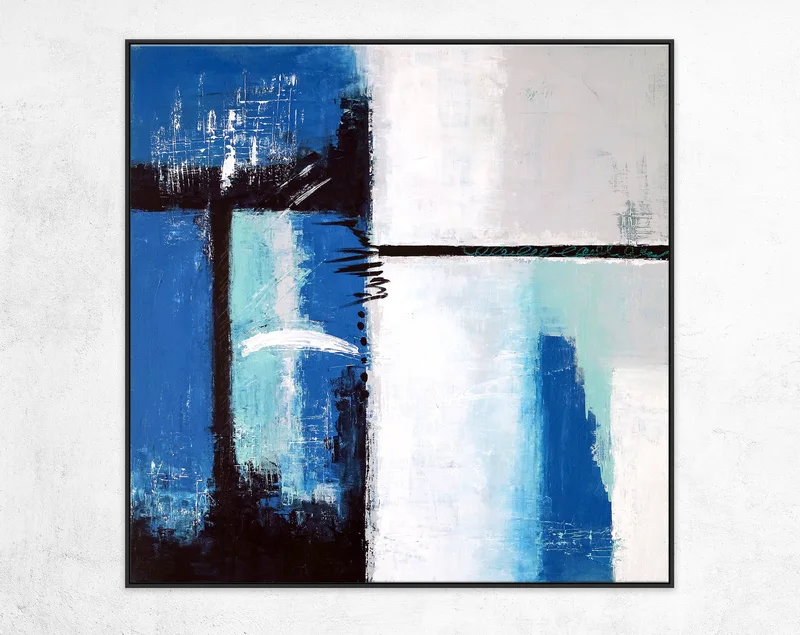 Blue Original Abstract Acrylic Painting, Large Geometric Modern Canvas Wall Art Exemplifying Softness and Strength | Janus