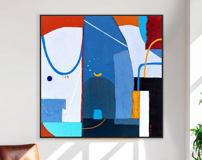 Blue and Red Abstract Painting, Playful Large Original Acrylic Painting, Colorful Modern Canvas Wall Art | Hadanka