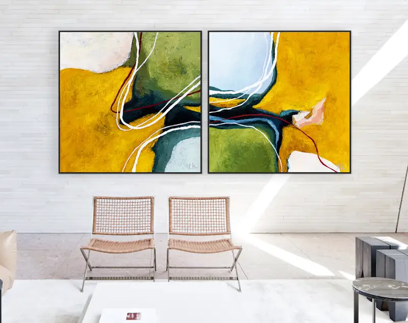 2 Set of Original Abstract Colorful Painting, Modern Yellow and Green Hues Canvas Wall Art | Kalliroi (2 Set)