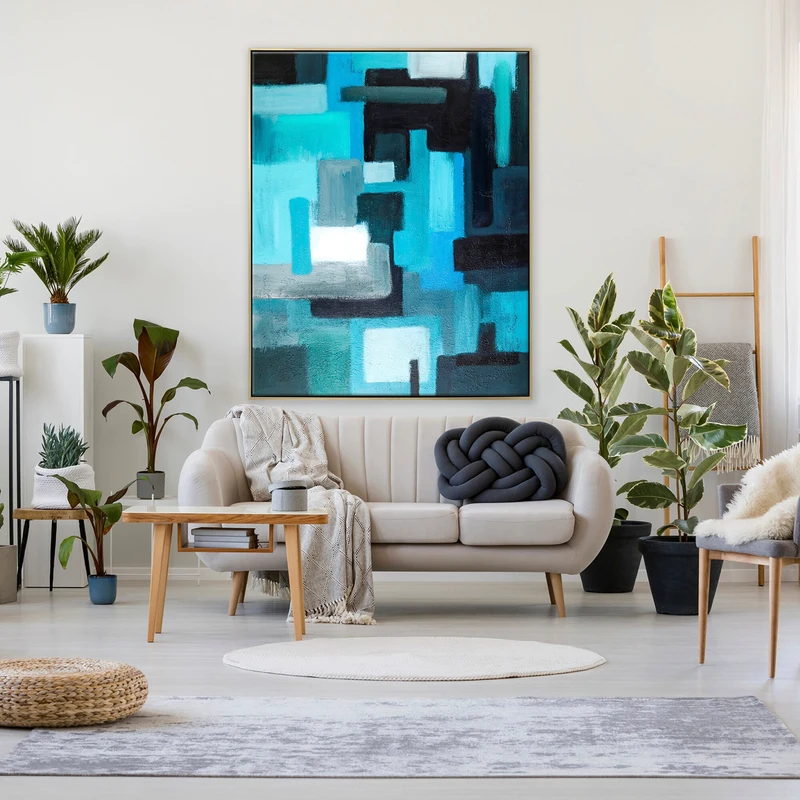 Geometric Original Abstract Painting in Acrylic, Large Modern Canvas Wall Art of Overlapping Turquoise and Black Shapes | Assembled