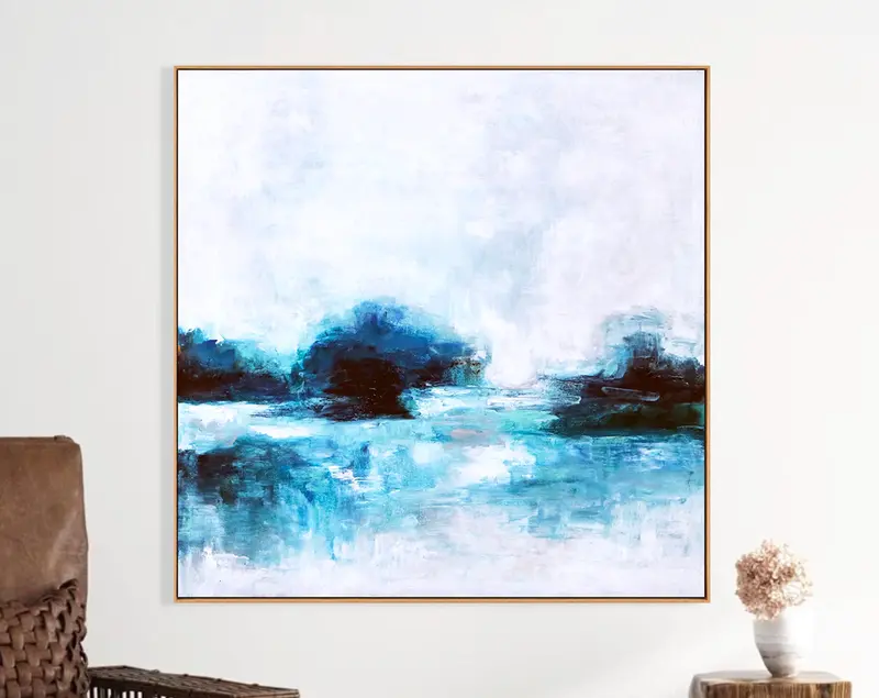 Modern Abstract Painting on Canvas, Large Abstract Painting, Contemporary Wall Art of Seascape | A Lake (Square)