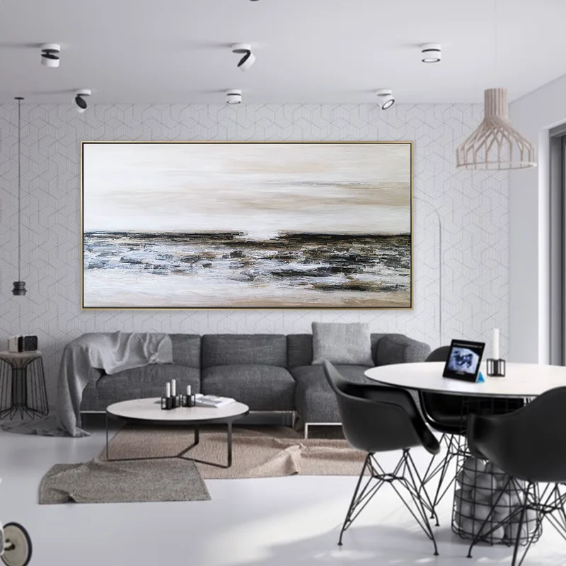 Seascape in Wide Acrylic Abstract Original Painting, Large Canvas Modern Wall Art of Light & Land Boundary | Horizon II