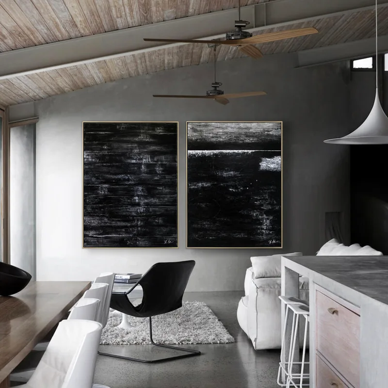 2 Set of Modern Expressionism Abstract Original Painting, Black & White Large Canvas Art in Minimalism | Black Abstract (2 Set)