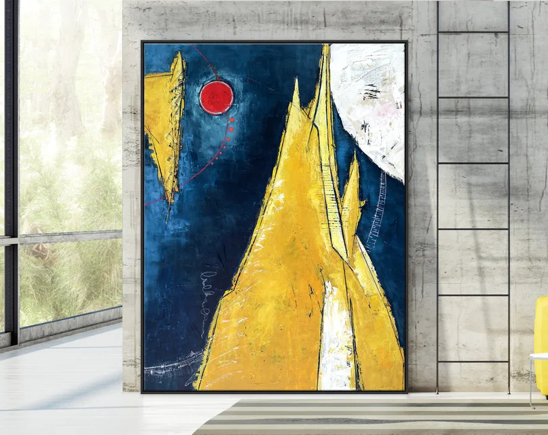 Expressionist Modern Abstract Original Painting, Large Canvas Wall Art of Nature inspired | Sun, Mountain, Moon