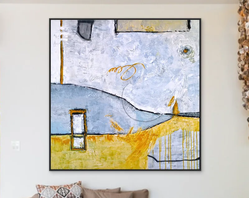 Surrealist Landscape Original Abstract Painting in Acrylic, Modern Large Artistry Wall Art | Yellow telephone booth