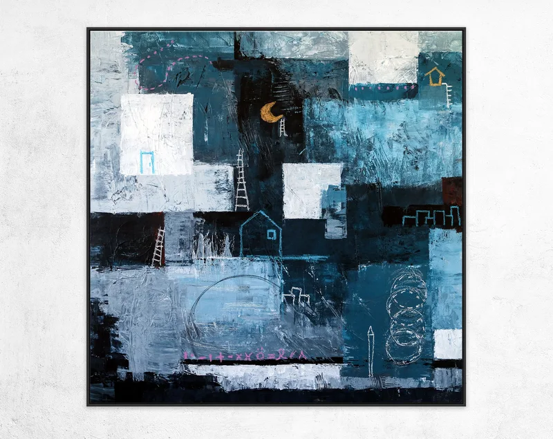 Original Abstract Painting in Acrylic, Evocative Large Modern Canvas Wall Art of Nostalgic Nightscapes | Night Town
