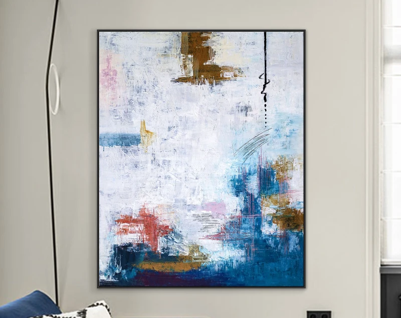 Feast of Vibrant Hues in Modern Abstract Original Acrylic Painting, Large Canvas Wall Art Evident Brush Strokes | Blue turquoise