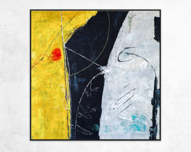 Bold Expression of Modern Abstract Original Painting in Acrylic, Large Canvas Wall Art in Yellow & Blue | Connection II