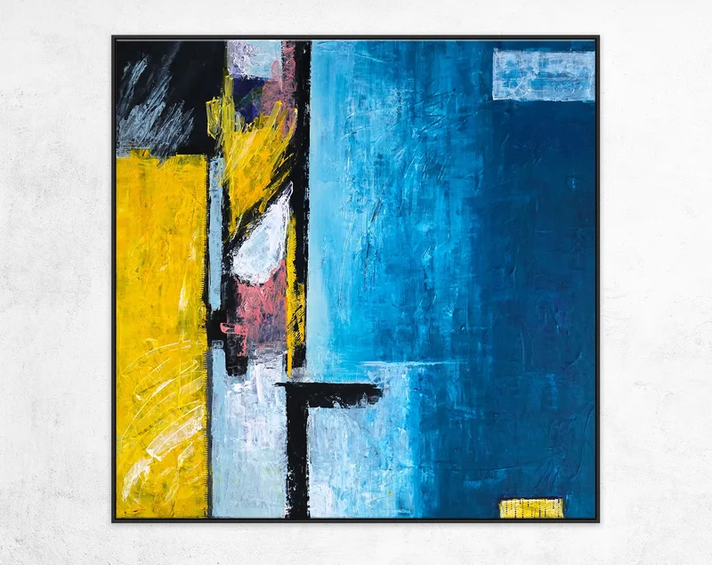 Large Modern Abstract Original Acrylic Painting Featuring Blue and Yellow, Canvas Wall Art for Peaceful Space | Construction