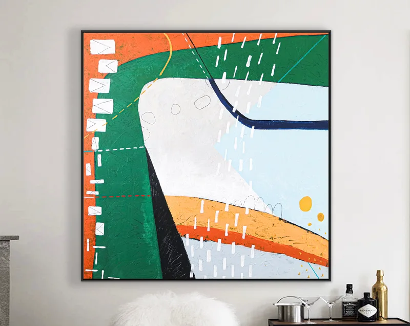 Playful Modern Large Abstract Original Acrylic Painting in Green and Orange, Contemporary Canvas Wall Art | The horizon of thought