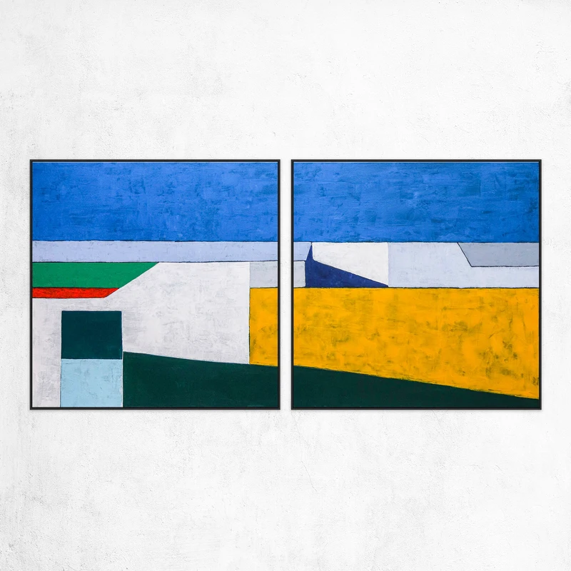 2 Set of Seascape Geometric Abstract Modern Painting, Contemporary Minimalist Canvas Wall Art | My balcony (2 Set)