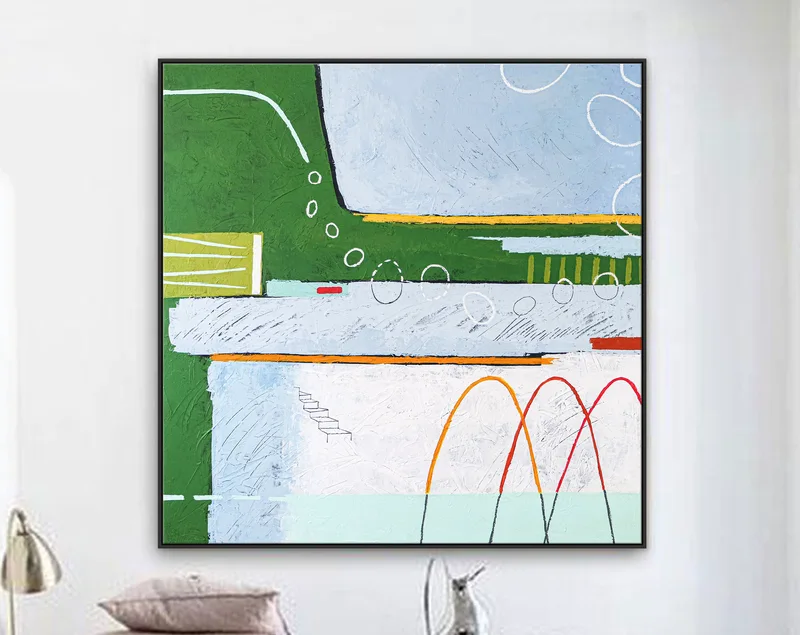 Dreamy Physics in Geometric Original Acrylic Abstract Painting, Green Emphasis Modern Canvas Wall Art in Contemporary Style | Realm